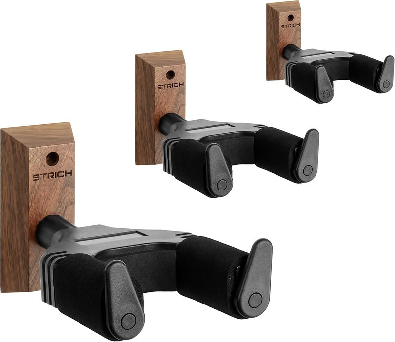 STRICH Guitar Wall Mount,Walnut Base Guitar Hanger,U-Shaped Guitar Wall Hanger Mount with Screws,Auto Lock Guitar Holder Hook Stand for Acoustic, Electric Guitar, Banjo, Bass(3-Pack) - Image 1